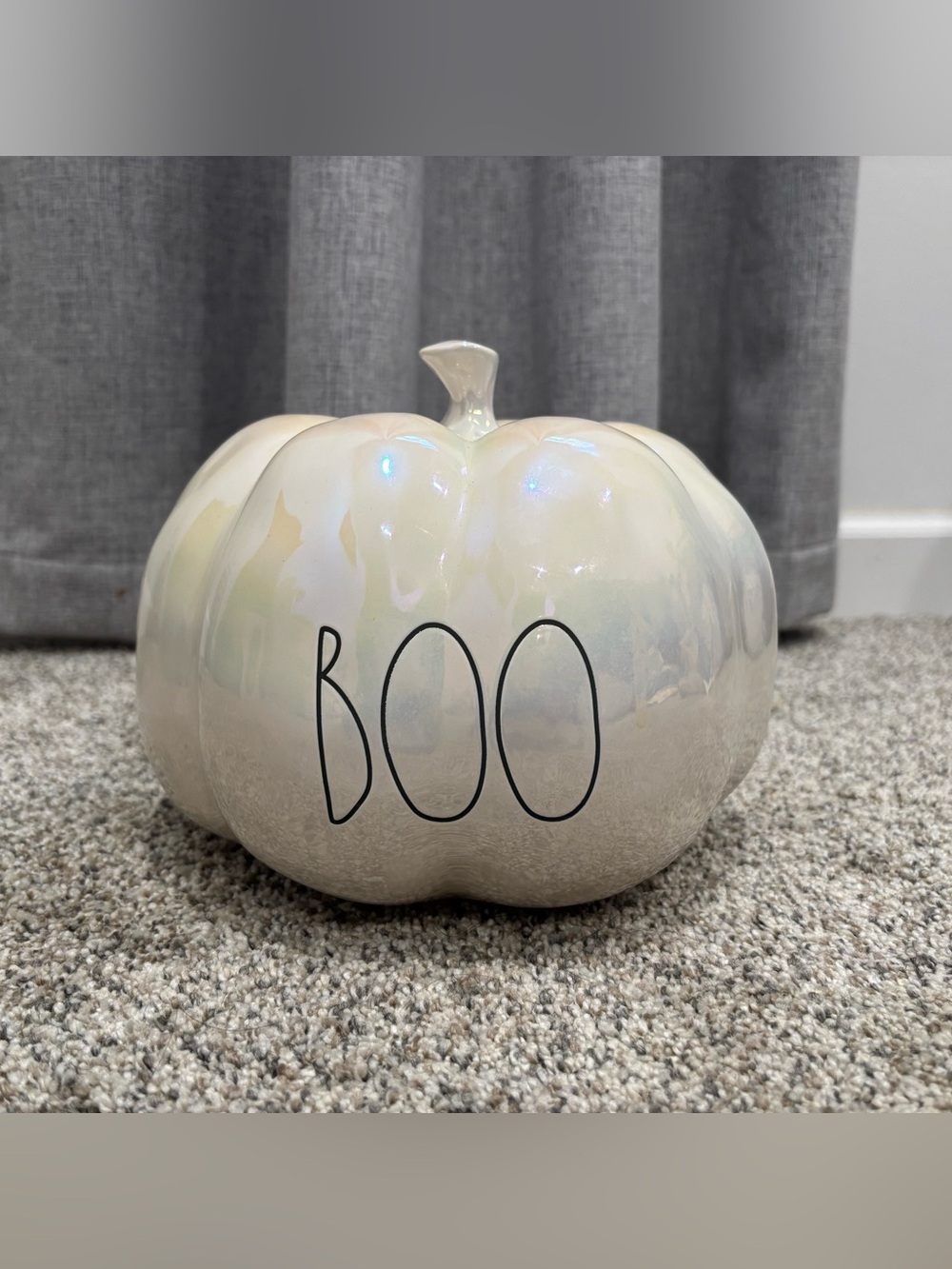 Rae Dunn Halloween Cream Iridescent Ceramic Pumpkin Featuring the word “Boo”
